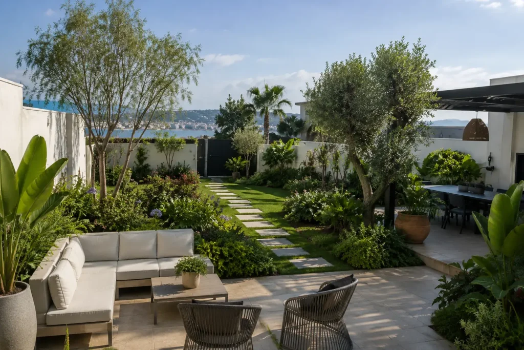 Aménagement d’un jardin résidentiel à Tanger avec terrasse et végétation