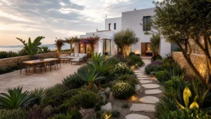 Aménagement des jardins à Tanger au Maroc : terrasse en travertin, salon extérieur, allée en pierre naturelle, végétation méditerranéenne variée et villa contemporaine baignée par la lumière douce du soir.