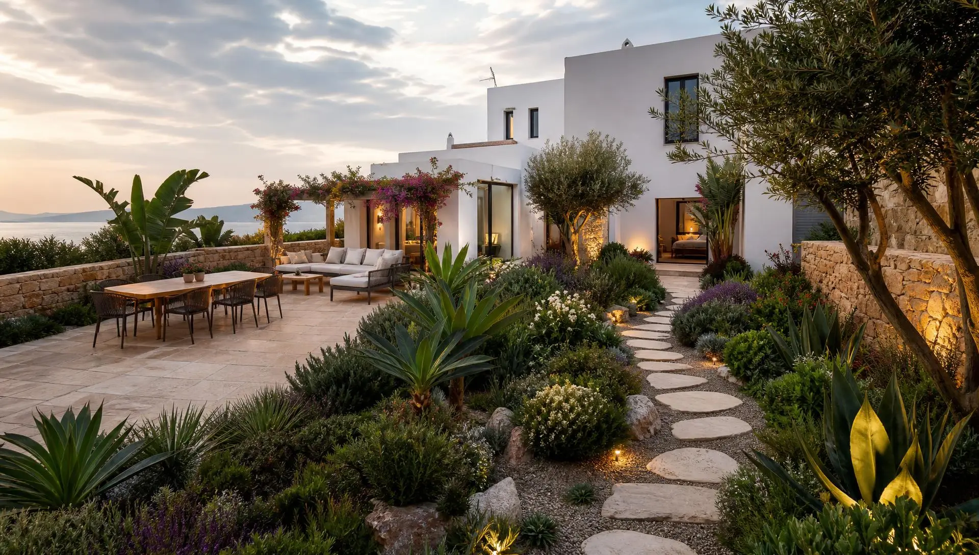 Aménagement des jardins à Tanger au Maroc : terrasse en travertin, salon extérieur, allée en pierre naturelle, végétation méditerranéenne variée et villa contemporaine baignée par la lumière douce du soir.