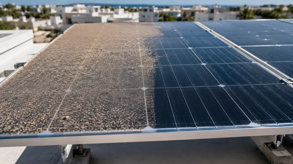 Limpieza de placas solares en Tánger. Muestra del antes y después