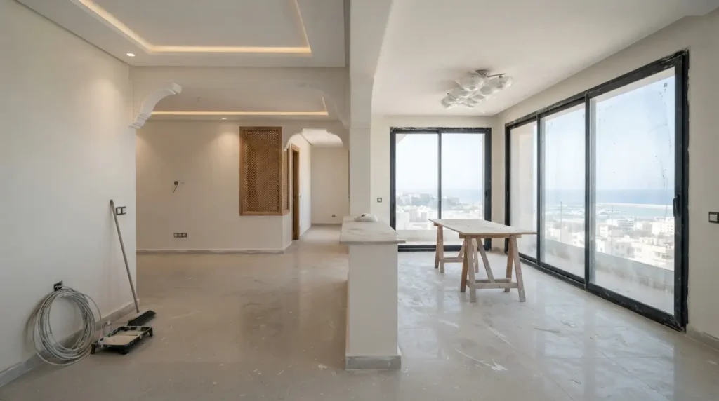 Un nettoyage de fin de chantier est nécessaire dans cet appartement moderne en cours de finition, avec des matériaux de construction et de la poussière encore présents.