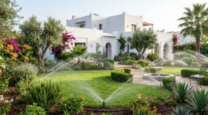 Arroseurs escamotables et tuyaux goutte-à-goutte arrosant une pelouse verdoyante et des massifs de fleurs devant une villa moderne blanche à Tanger.