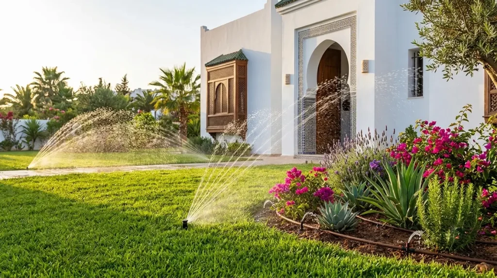 Un système d'irrigation automatique opérationnel illustrant le zoning dans un jardin résidentiel à Tanger, avec des arroseurs pour la pelouse et un goutte-à-goutte pour les massifs devant une villa marocaine moderne.