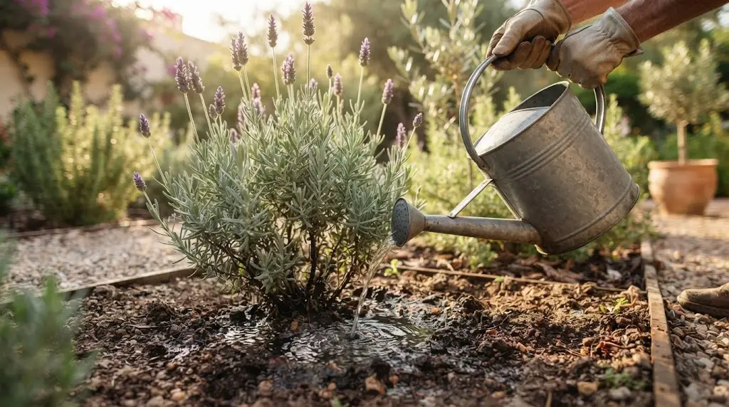 Un arrosoir jardinage métallique utilisé pour arroser la base d'un plant de lavande dans un jardin ensoleillé.
