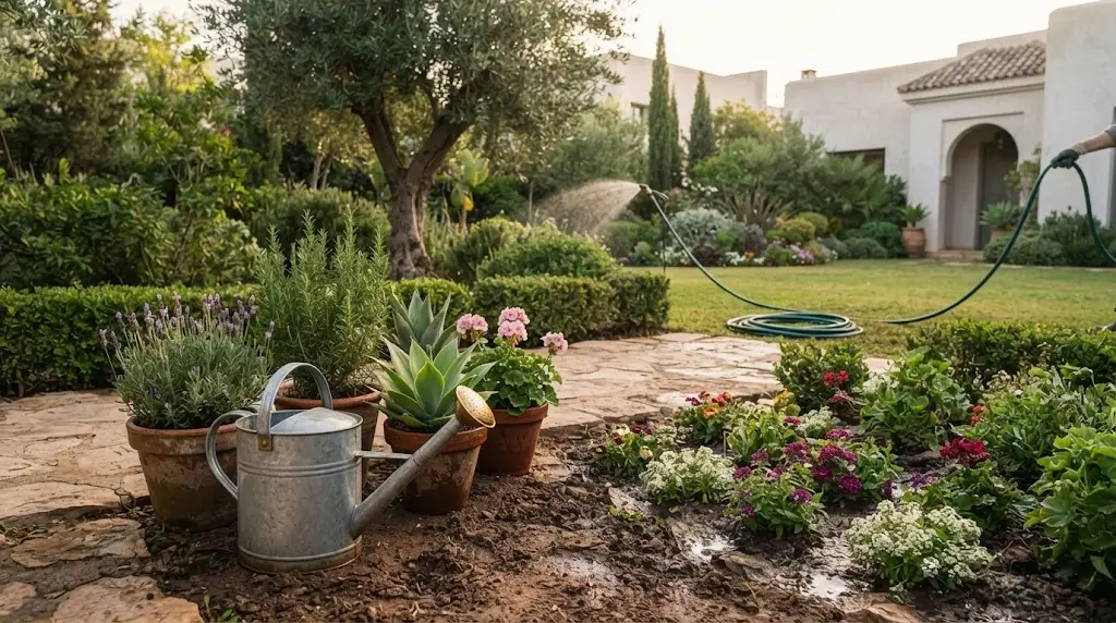 Un arrosoir jardinage au premier plan avec un tuyau d'arrosage en arrière-plan dans un jardin méditerranéen.