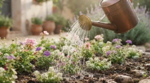 Utilisation d'un arrosoir jardinage en cuivre pour arroser des fleurs dans un jardin méditerranéen.