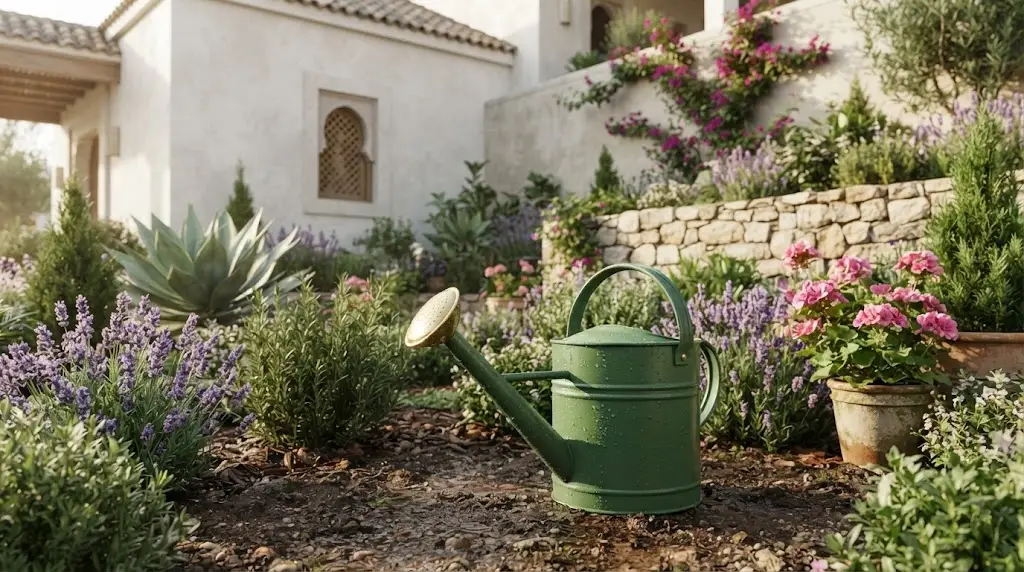 Un arrosoir jardinage vert posé sur le sol dans un jardin méditerranéen avec des fleurs et des plantes.