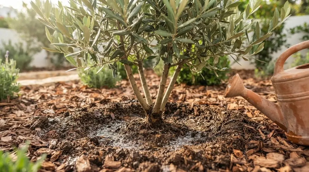 Un arrosoir jardinage utilisé pour arroser la base et la zone racinaire d'un jeune arbre dans le jardin.
