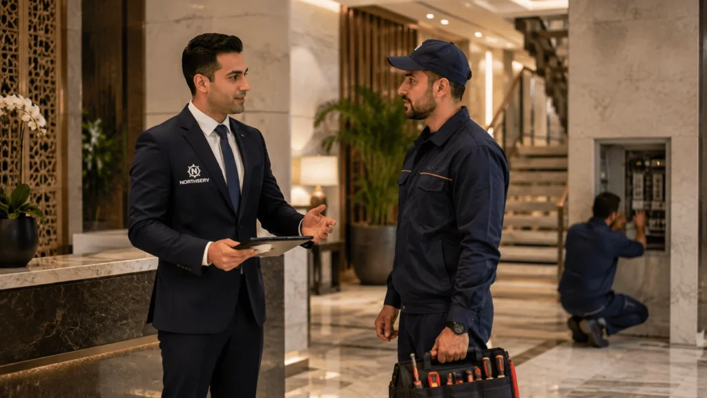Un concierge Northserv coordonne une intervention technique avec un technicien de maintenance dans un hall de résidence, illustrant les services des Private Concierge Companies in Tangier: How to Choose the Right Service.
