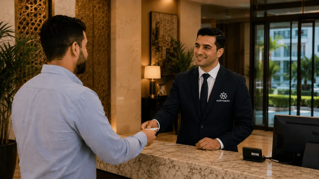 Un agent d'accueil Northserv professionnel remet une carte à un client au comptoir d'un hôtel de luxe à Tanger, dans le cadre de la recherche de "Private Concierge Companies in Tangier: How to Choose the Right Service".