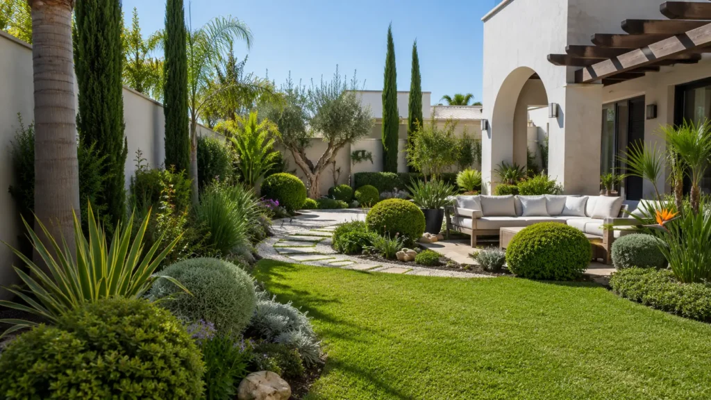 Diseño de paisajismo residencial de lujo realizado por empresas de Servicios de jardinería en Tánger, con césped verde impecable, plantas mediterráneas y sofás de terraza.