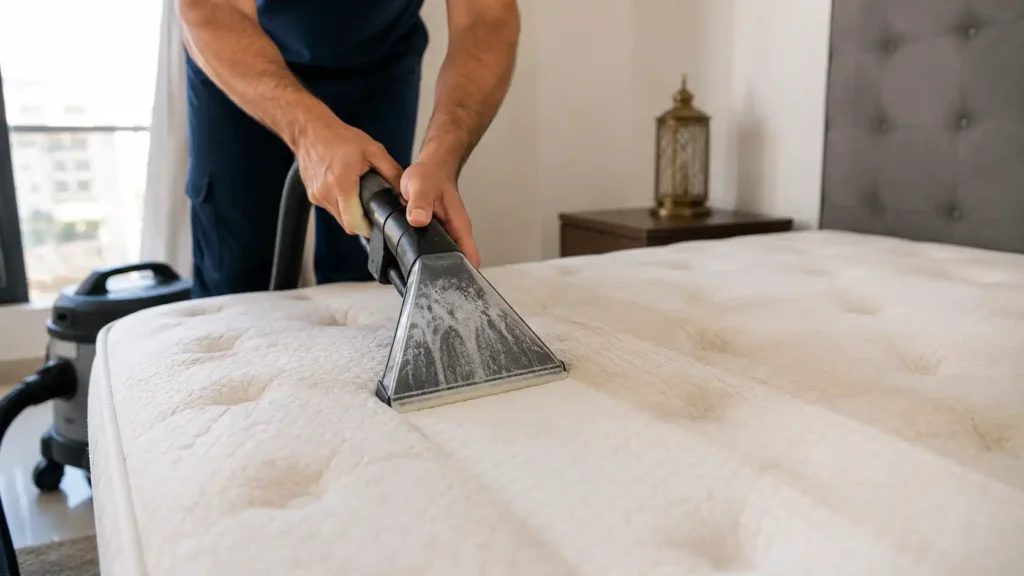 Gros plan sur l'embout d'une machine nettoyage matelas en train d'aspirer les impuretés en profondeur.