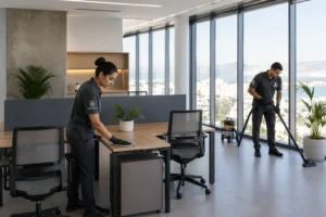 Équipe professionnelle de nettoyage dans des bureaux modernes à Tanger