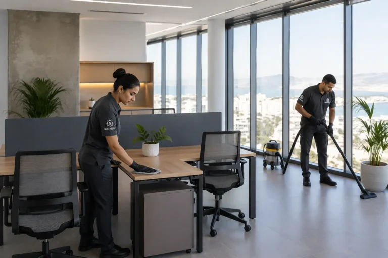 Équipe professionnelle de nettoyage dans des bureaux modernes à Tanger