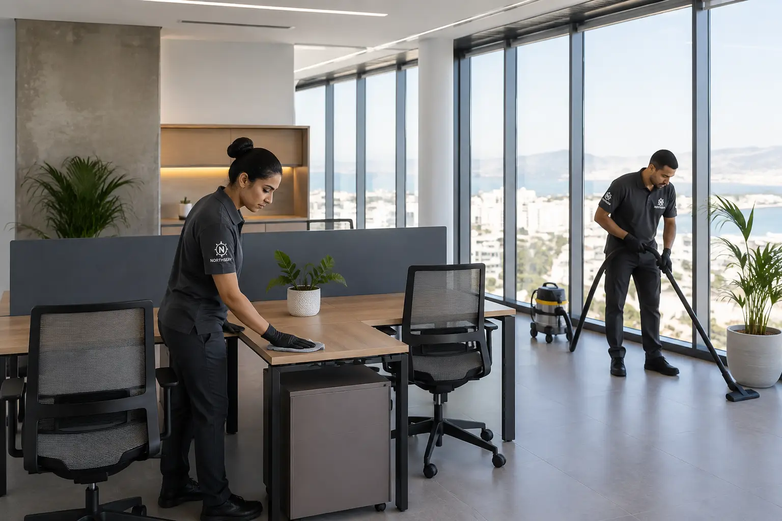 Équipe professionnelle de nettoyage dans des bureaux modernes à Tanger