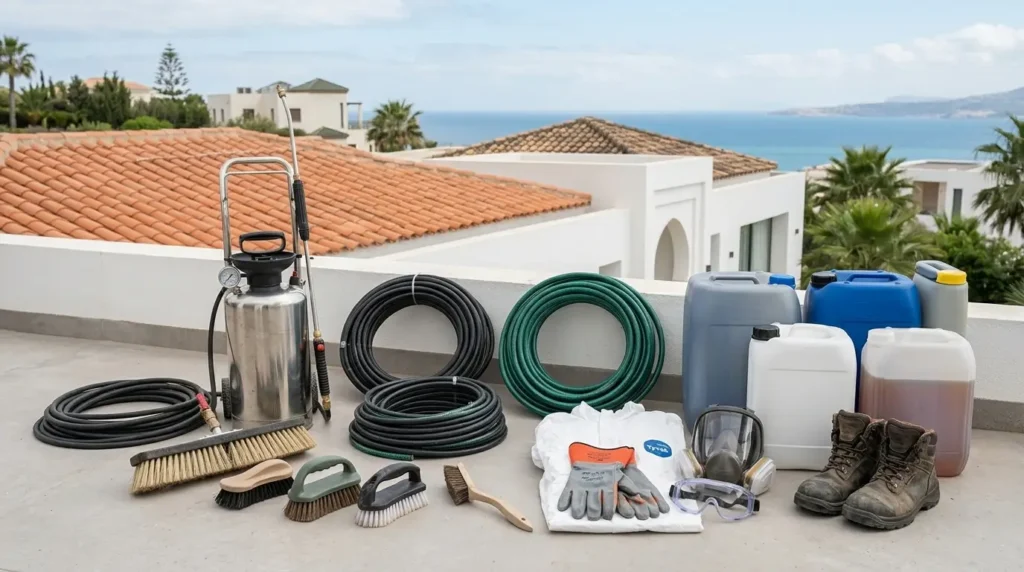 Alignement de matériel professionnel de nettoyage sur une terrasse à Tanger : pulvérisateur en inox, tuyaux, brosses, bidons de produits de démoussage, combinaison, masque, gants et bottes de sécurité, avec vue sur la mer.