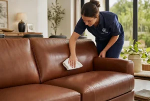 Nettoyage cuir canapé par une professionnelle utilisant un chiffon microfibre blanc sur un canapé marron.