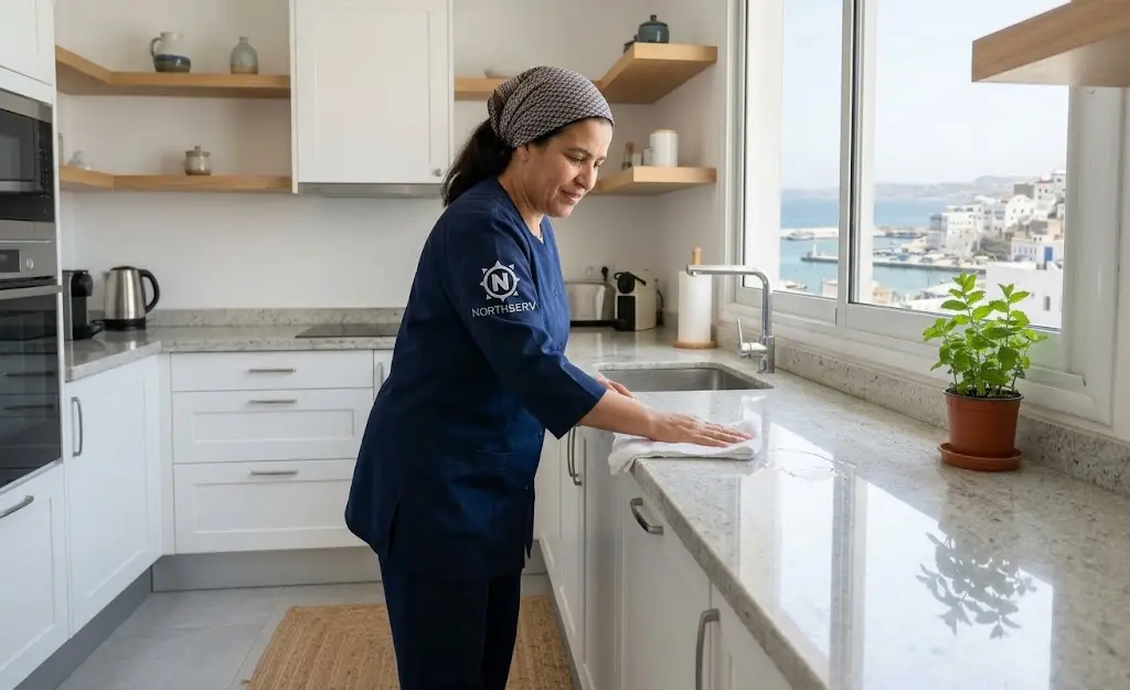 Femme de ménage marocaine nettoyant le plan de travail d’une cuisine moderne à Tanger
