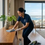 Femme de ménage Northserv nettoyant un meuble dans un appartement moderne à Tanger