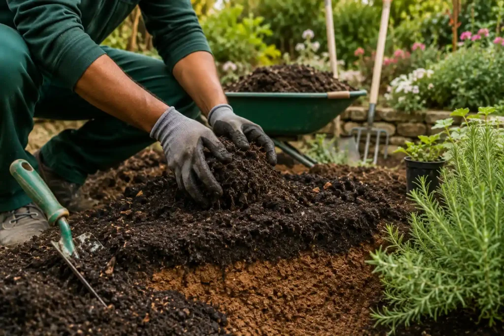 Gardening in Tangier with professional soil preparation in a residential garden.
