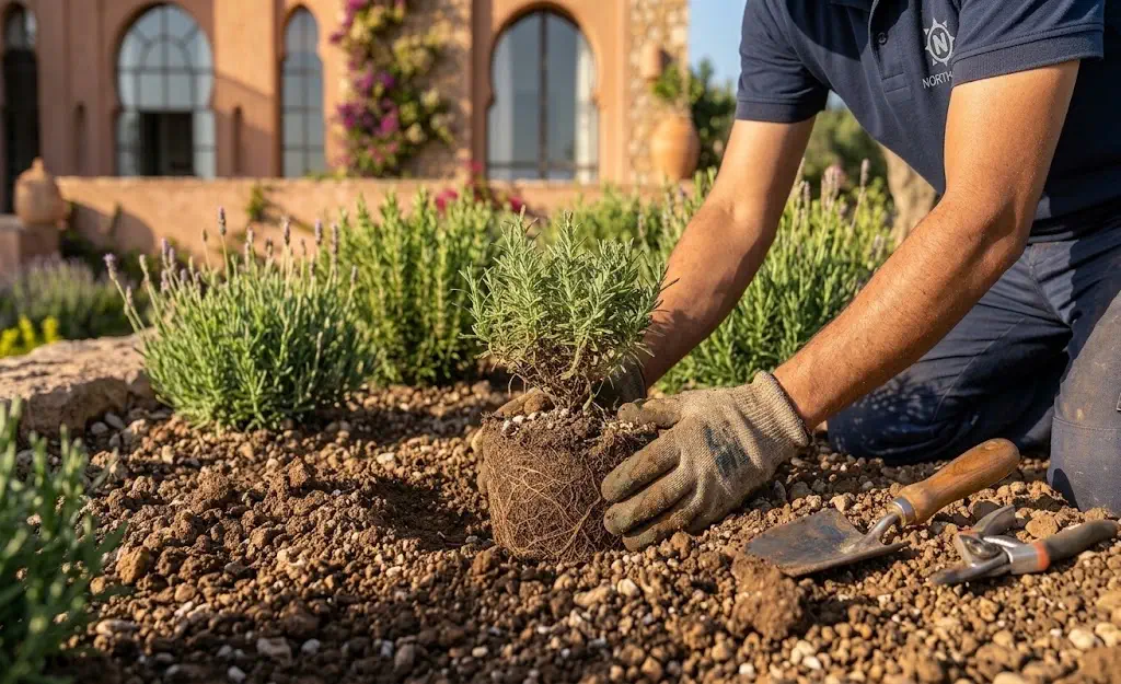A professional gardener carefully planting a healthy shrub into rich soil, demonstrating gardening of plants in Tangier: a practical guide to growing healthy plants.