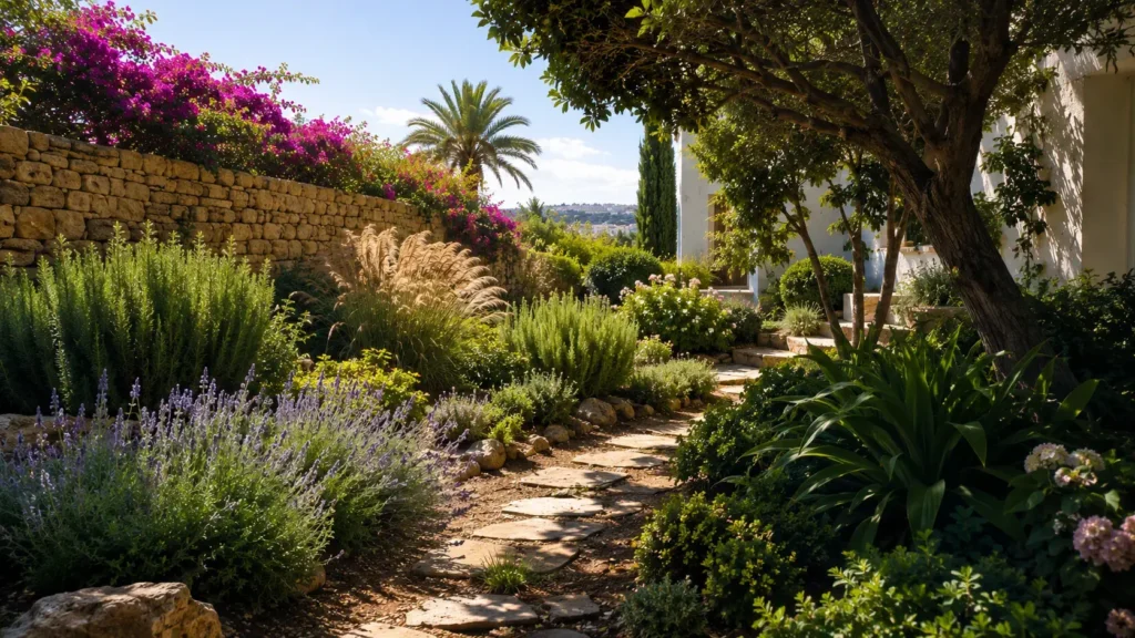 A vibrant Mediterranean garden in Tangier with lavender, bougainvillea, and stone pathway illustrating the gardening of plants in Tangier: a practical guide to growing healthy plants.