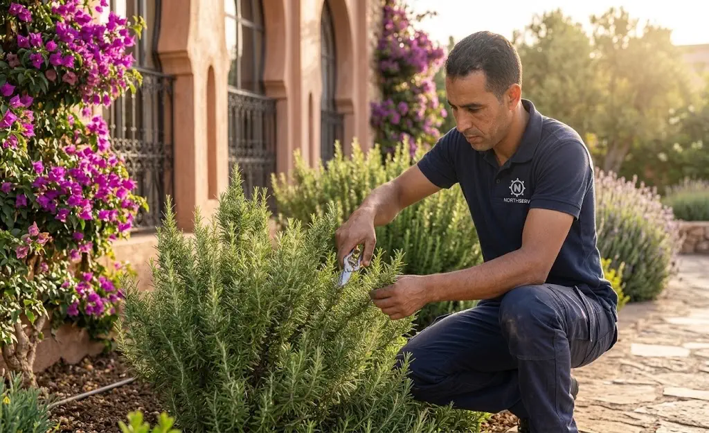 A professional gardener carefully pruning a healthy rosemary bush with pruning shears, illustrating gardening of plants in Tangier: a practical guide to growing healthy plants.