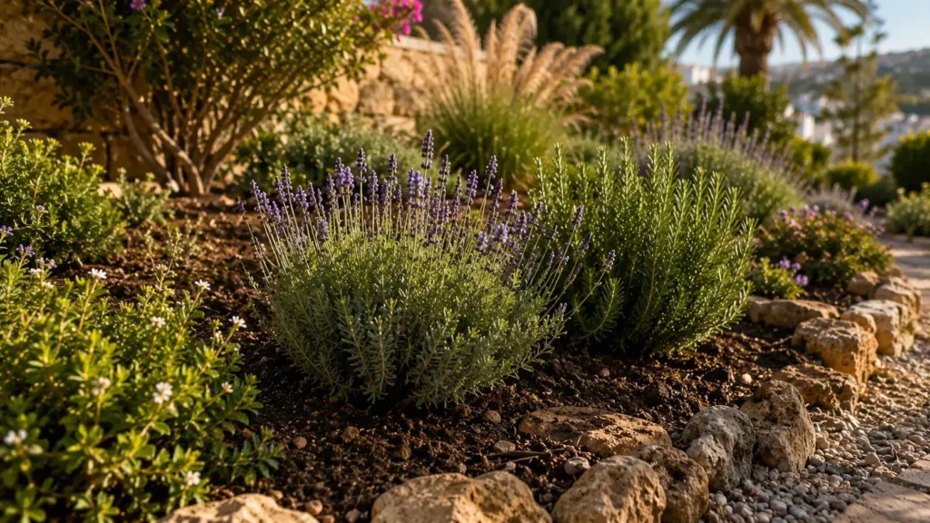 Healthy lavender and rosemary growing in well-drained soil, featured in gardening of plants in Tangier: a practical guide to growing healthy plants.