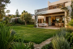 A modern Moroccan villa with a green lawn and landscaped Mediterranean borders, representing gardening of plants in Tangier: a practical guide to growing healthy plants.