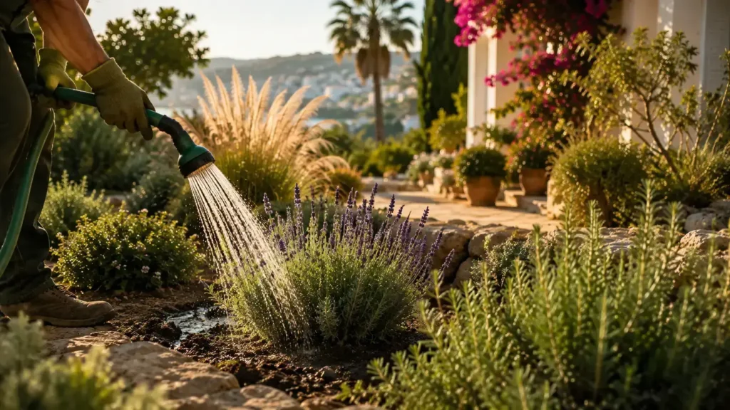 A gardener watering lavender plants in a Mediterranean garden, showcasing gardening of plants in Tangier: a practical guide to growing healthy plants.