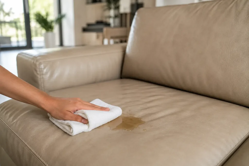 Action rapide de Nettoyage cuir canapé pour absorber une tache de liquide sur un divan beige.