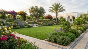 Jardin méditerranéen luxuriant à Tanger avec pelouse verte, bougainvilliers en fleurs, olivier centenaire et villa marocaine moderne en arrière-plan.
