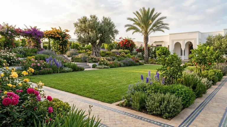 Jardin méditerranéen luxuriant à Tanger avec pelouse verte, bougainvilliers en fleurs, olivier centenaire et villa marocaine moderne en arrière-plan.