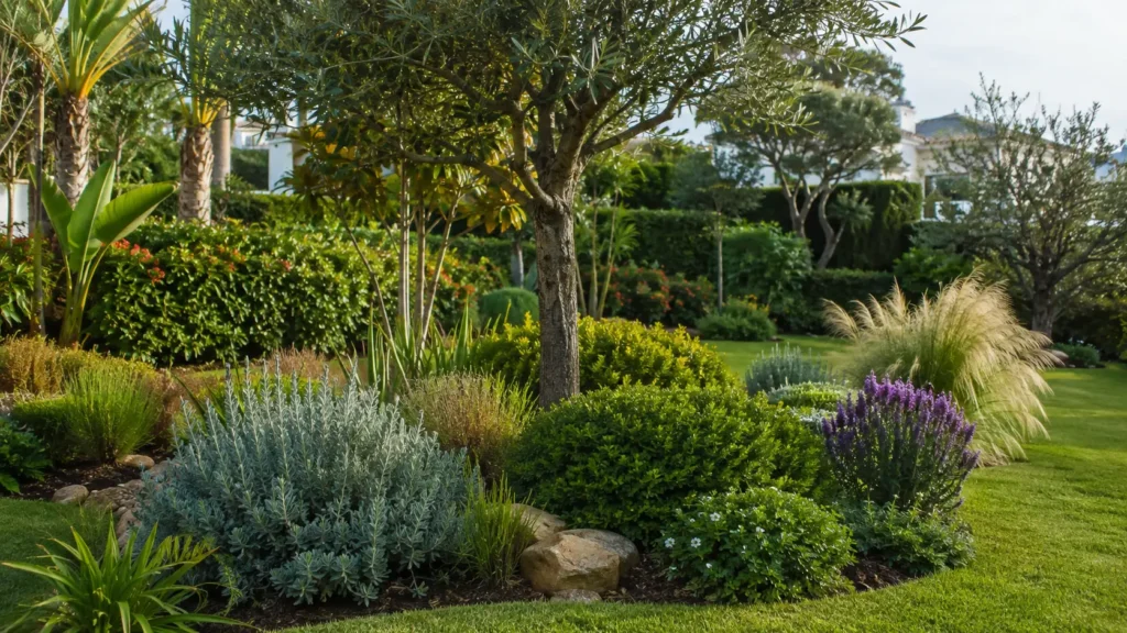 Jardin méditerranéen à Tanger avec arbres, arbustes, couvre-sols et plantes fleuries