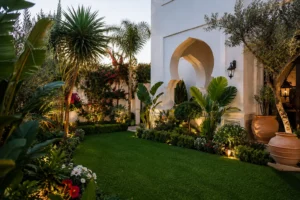 Jardinage à Tanger dans un jardin de villa marocaine élégant.