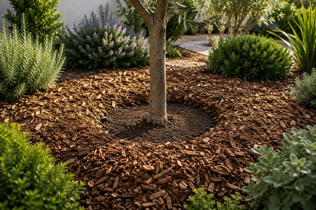 Paillage en copeaux de bois correctement disposé en cercle autour du tronc d'un jeune arbre dans un jardin.