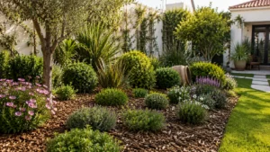 Jardinage et paillage : guide pratique pour protéger et améliorer votre jardin - Massif de jardin paysager recouvert de paillis de bois, agrémenté d'un jeune olivier, de lavande, de fleurs roses et d'arbustes taillés.