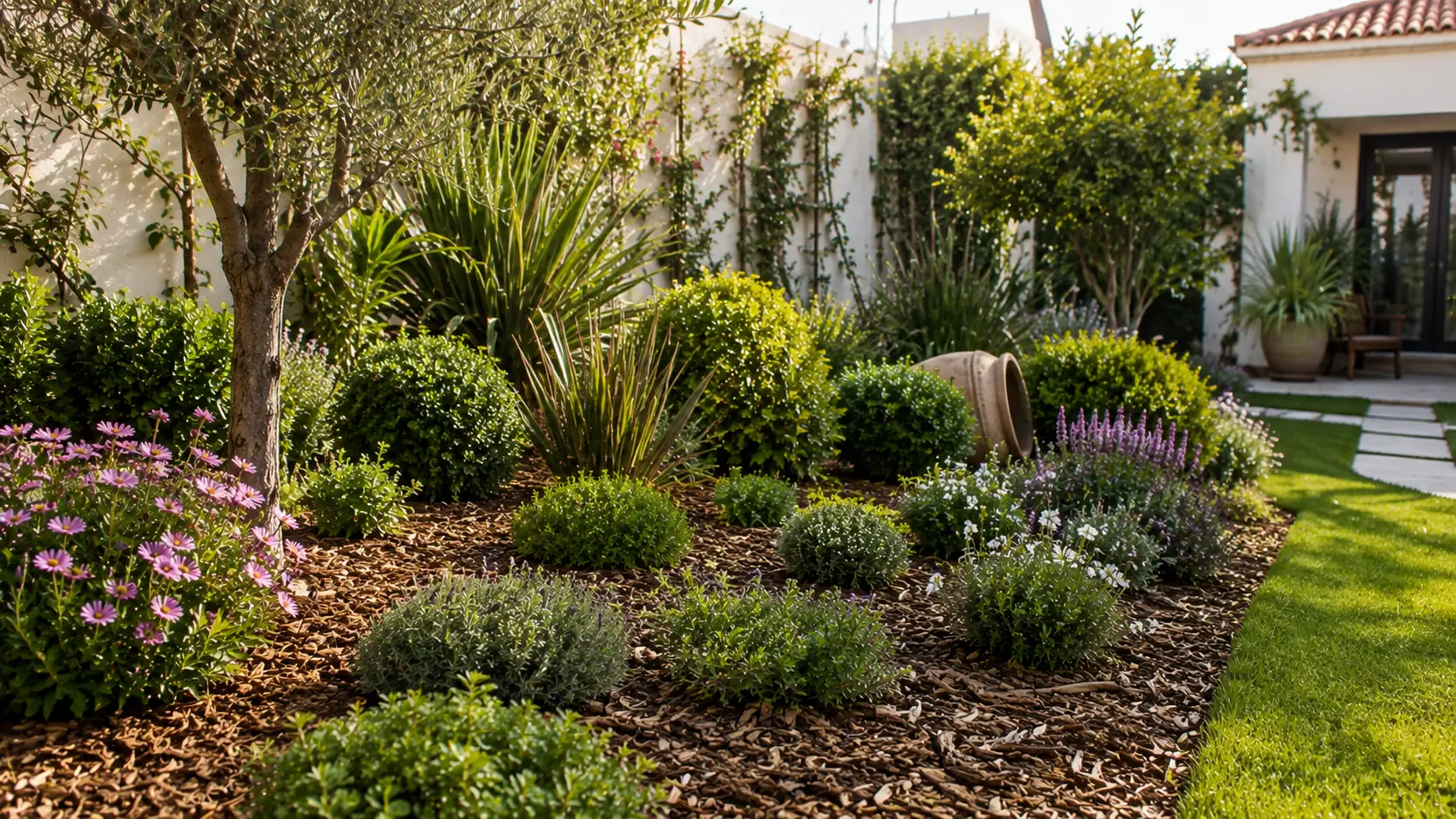 Jardinage et paillage : guide pratique pour protéger et améliorer votre jardin - Massif de jardin paysager recouvert de paillis de bois, agrémenté d'un jeune olivier, de lavande, de fleurs roses et d'arbustes taillés.