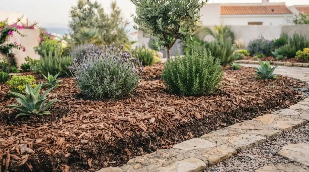 Massif de jardin méditerranéen avec plantes ornementales et paillage de copeaux de bois le long d'une allée en pierre.