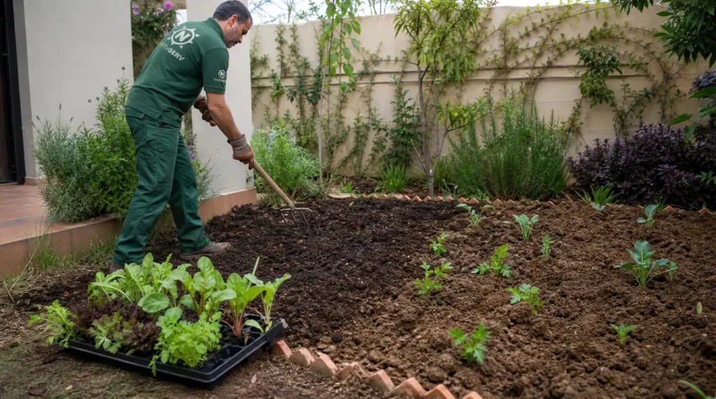 Jardinier professionnel Northserv en tenue verte préparant le sol fertile avec une fourche dans une villa, illustration parfaite d'un service de jardinage potager à Tanger avec des jeunes plants de légumes prêts à être repiqués au premier plan.