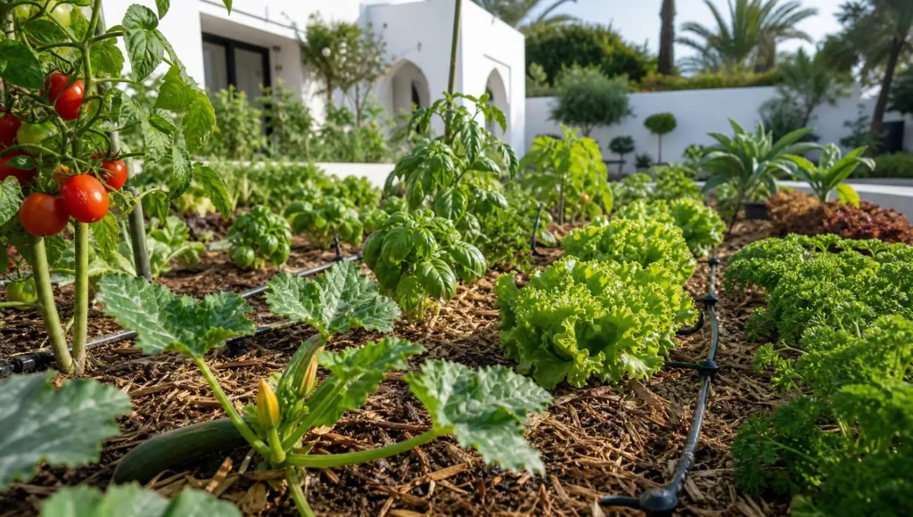 Gros plan sur un aménagement de jardinage potager à Tanger montrant un paillage naturel, un tuyau de goutte-à-goutte, des tomates cerises mûres, du basilic frais et des courgettes devant une villa moderne.