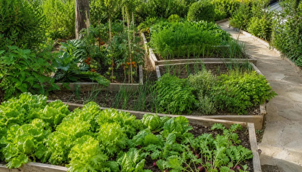 Aménagement de jardinage potager à Tanger sous forme de bacs en bois surélevés remplis de salades, radis, herbes aromatiques et plants de tomates le long d'une allée en pierre.