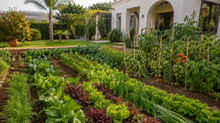 Vue rapprochée d'un jardinage potager à Tanger bien entretenu, montrant des rangées de laitues vertes et rouges fraîches, de ciboulette, et de plants de tomates sur tuteurs portant des fruits rouges et verts, dans le jardin d'une villa marocaine traditionnelle aux arches blanches.