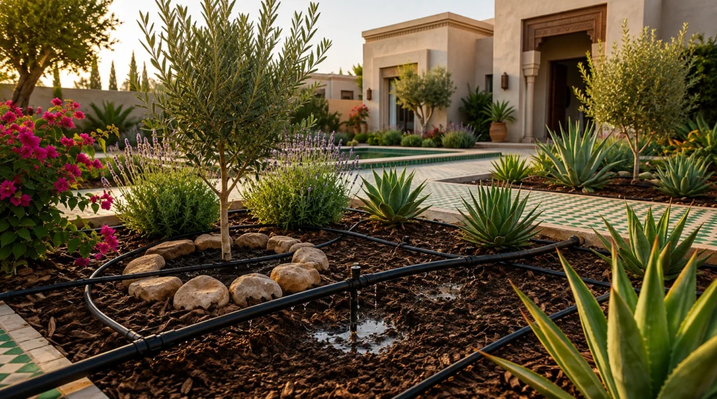 Jardinage moderne avec arrosage goutte-à-goutte à Tanger
