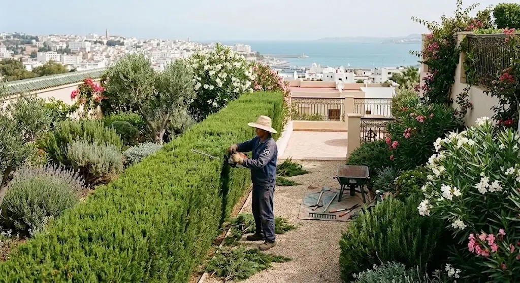 Jardinier entretenant une haie dans un jardin paysager