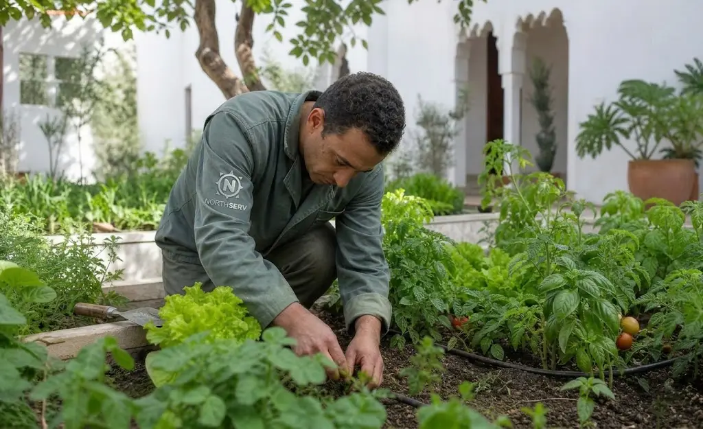 Jardinier professionnel portant un uniforme vert marqué du logo Northserv, accroupi pour entretenir soigneusement la terre et les légumes d'un potager biologique dans le patio d'une villa à Tanger.