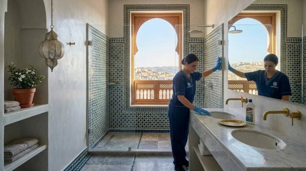 La femme de ménage à Tanger assurant le nettoyage d'une salle de bain.La femme de ménage à Tanger assurant le nettoyage d'une salle de bain.