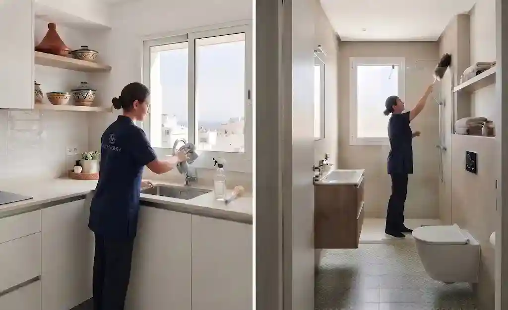 Una imagen dividida que muestra a una limpiadora profesional trabajando en una cocina (izquierda) y un baño (derecha) en un apartamento moderno.