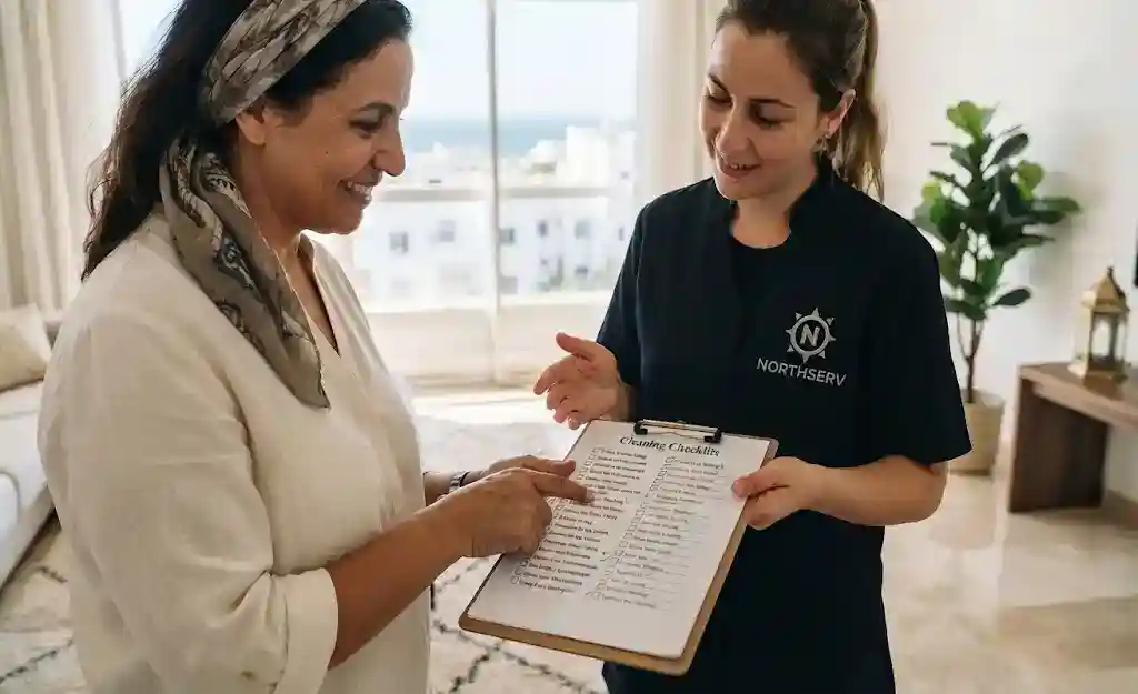 Dos mujeres, una clienta y una limpiadora, sonríen y revisan una lista de verificación de limpieza en una sala de estar luminosa.