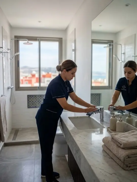  La femme de ménage à Tanger assurant le nettoyage d'une salle de bain.
